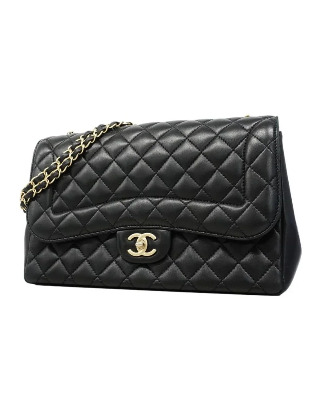Chanel Shoulder Bag Deca Quilted Lambskin Black Champagne Gold